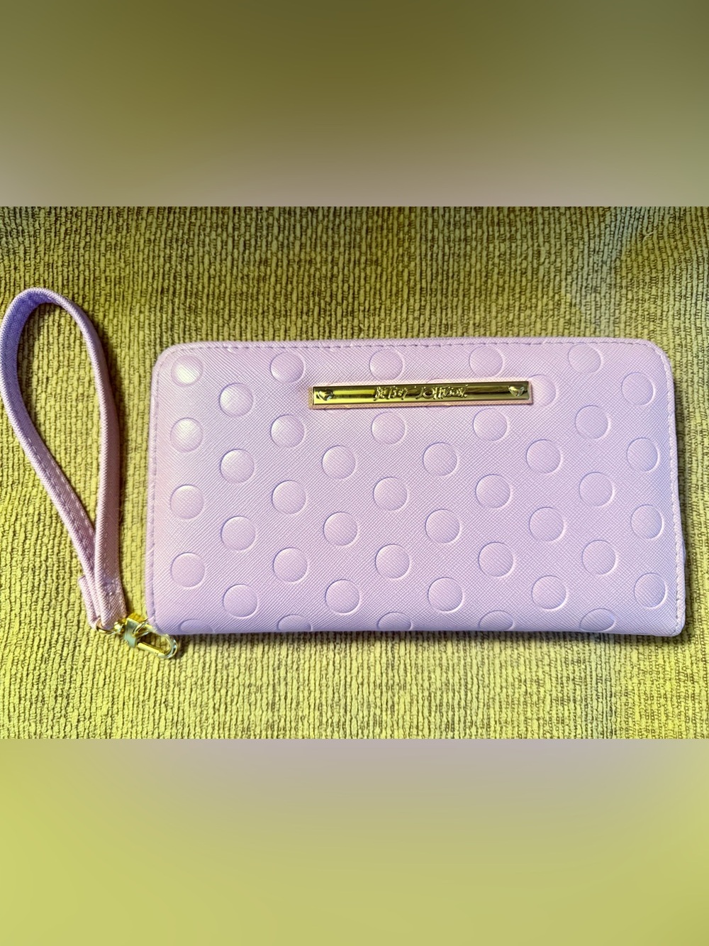 Betsey Johnson Lilac Polka Dot Zip Wallet with Gold Accent